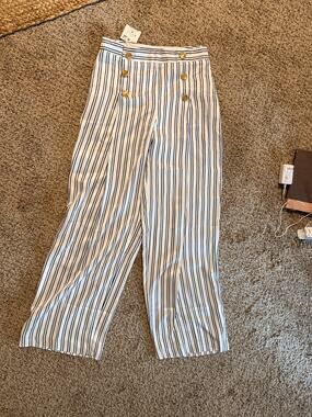 Zara wide leg striped pants sailor front gold buttons M NWT